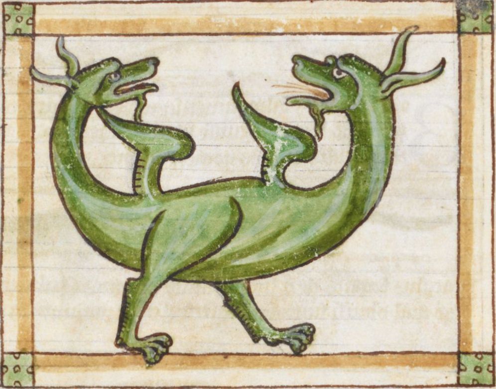 mittelalterliche Darstellung eines zweiköpfigen grünen Wesens