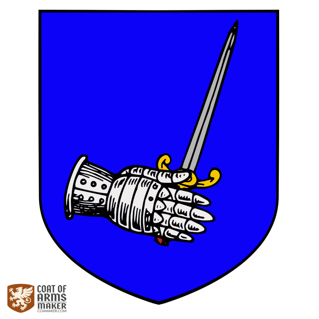 Ein blaues Wappen zeigt einen Panzerhandschuh, der ein Schwert hält.